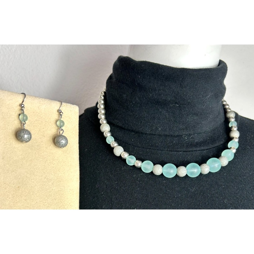 Charming Carlie Blue Beaded Necklace and Earrings Set Silver Tone Sparkle